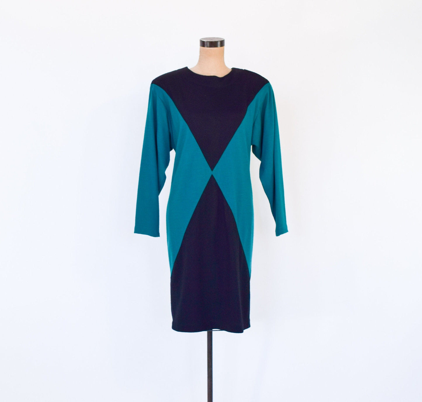 1980s Green Black Color Block Dress | 80s Black & Green Knit Dress | Color Block Dress | Karen Kane | Medium