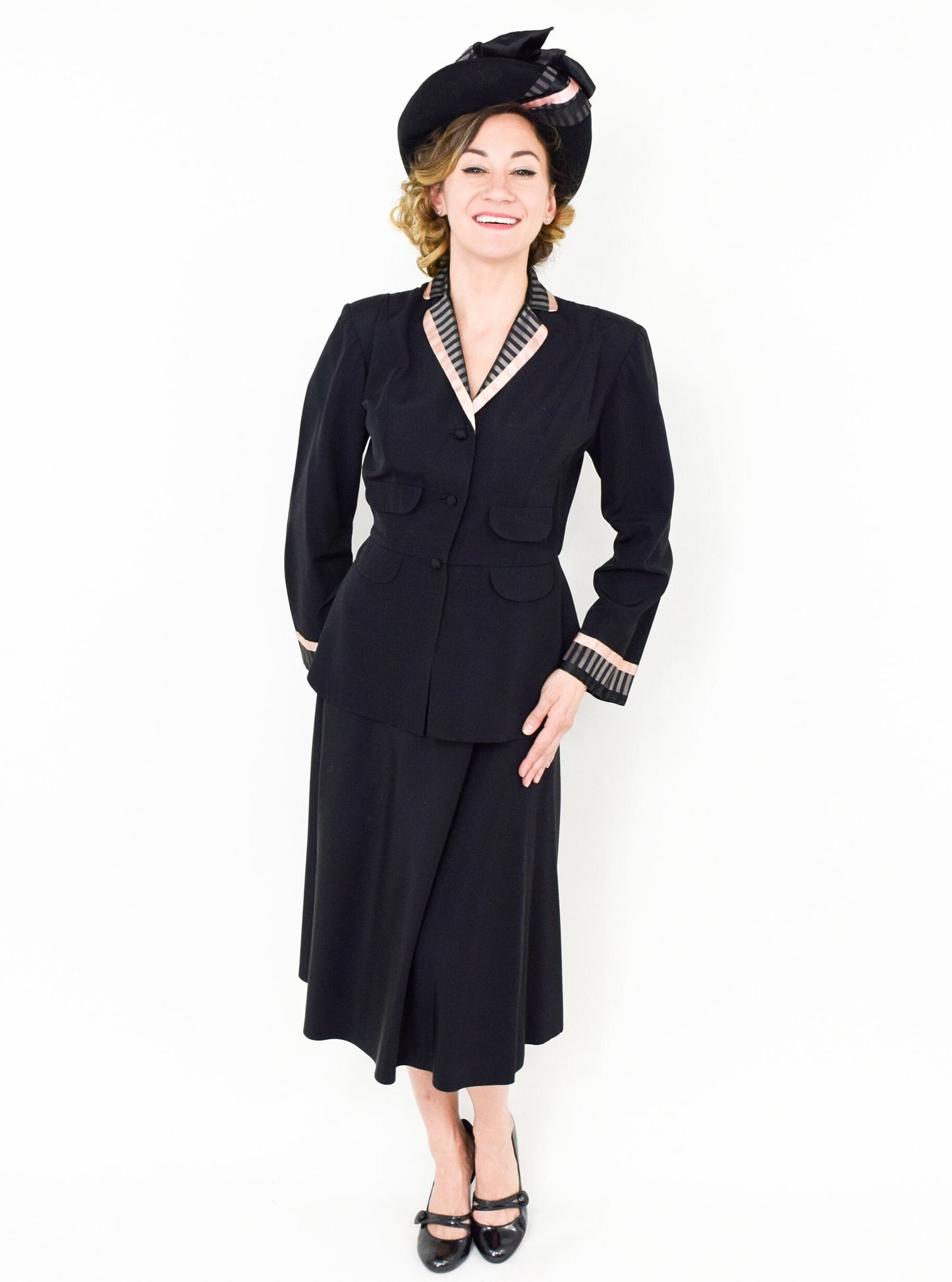 Vintage 1940s Doris Dodson Black Faille Suit | Black Pink Jacket & Skirt, Medium