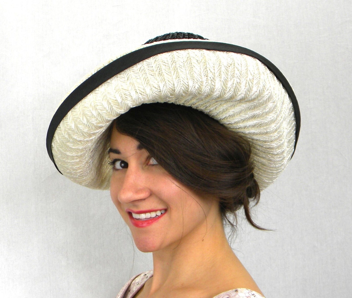 1960s Black White Raffia Wide Brim Hat