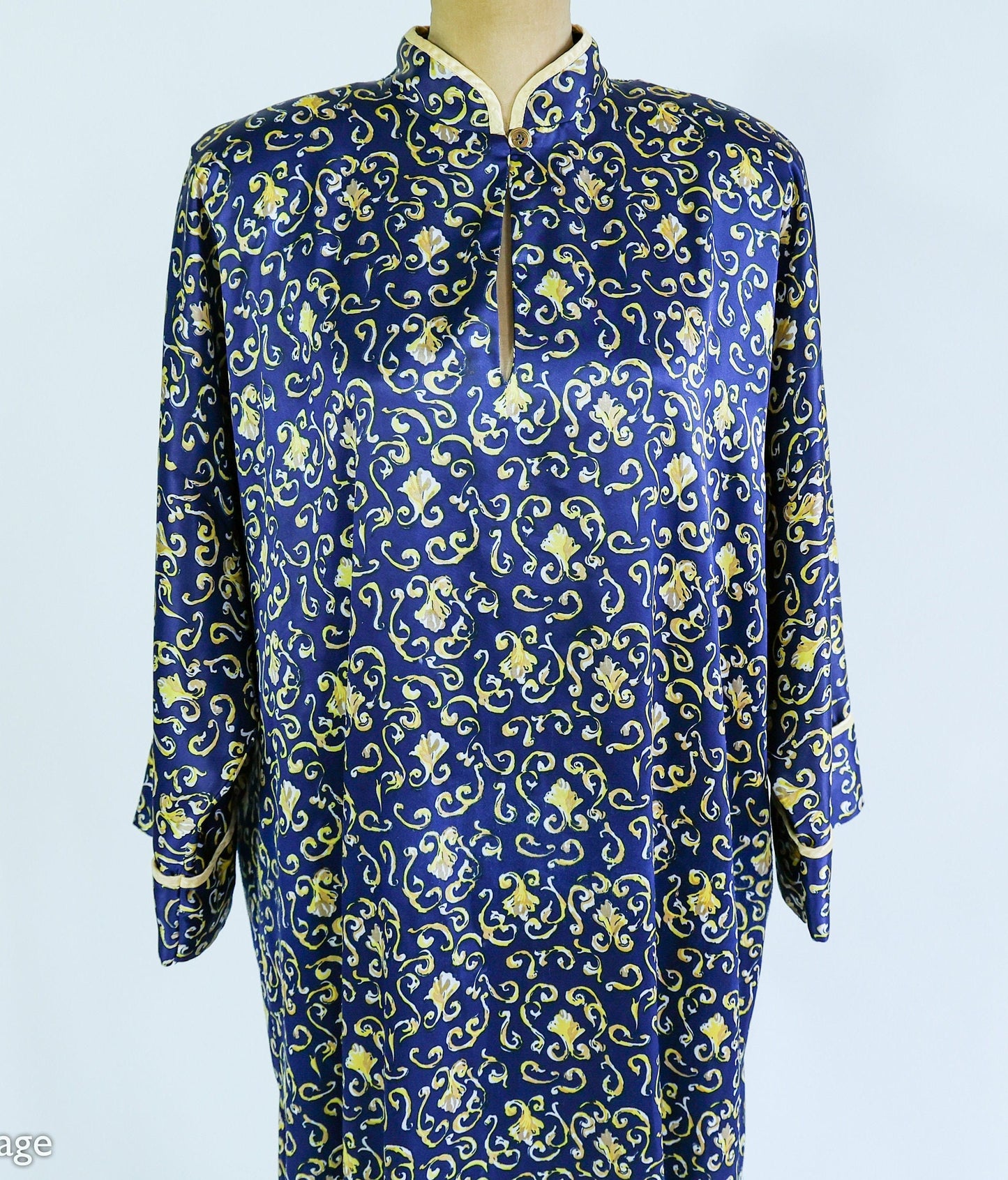 1980s Navy Satin Print Caftan | Mary McFadden | XL