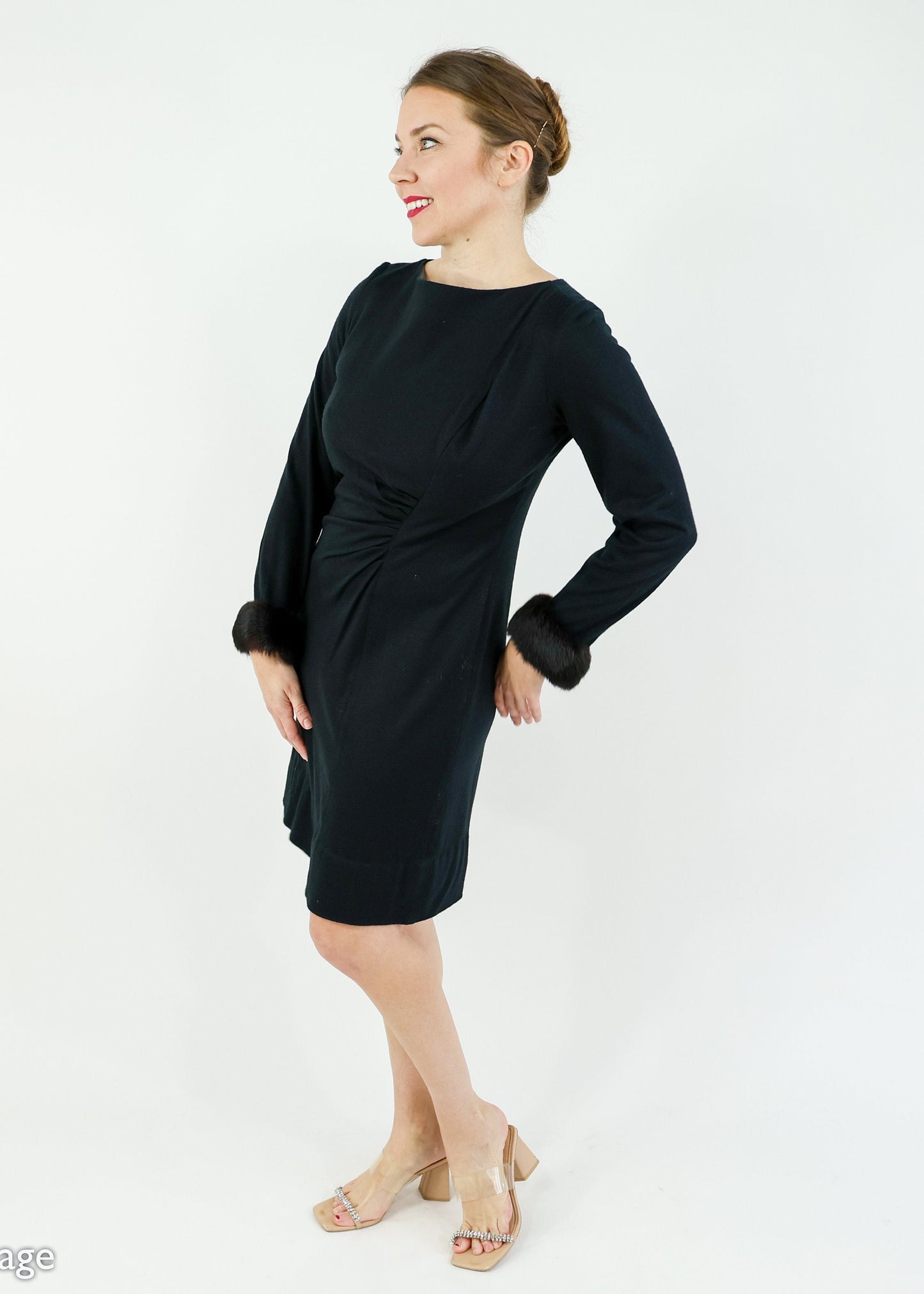 1960s Black Wool Fur Cuff Dress | 60s Black Wool Knit Cocktail Dress | Medium