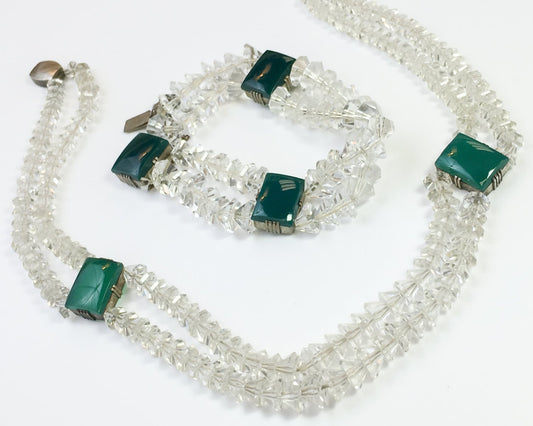 1930s Glass Crystal Necklace Bracelet Set, Green Glass & Sterling Silver Clasp