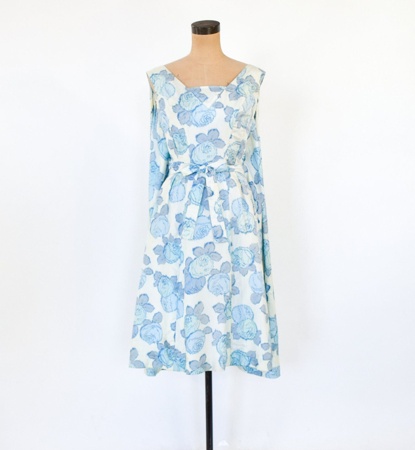 1950s Blue Rose Print Silk Dress with Full Cape Back, XS Extra Small