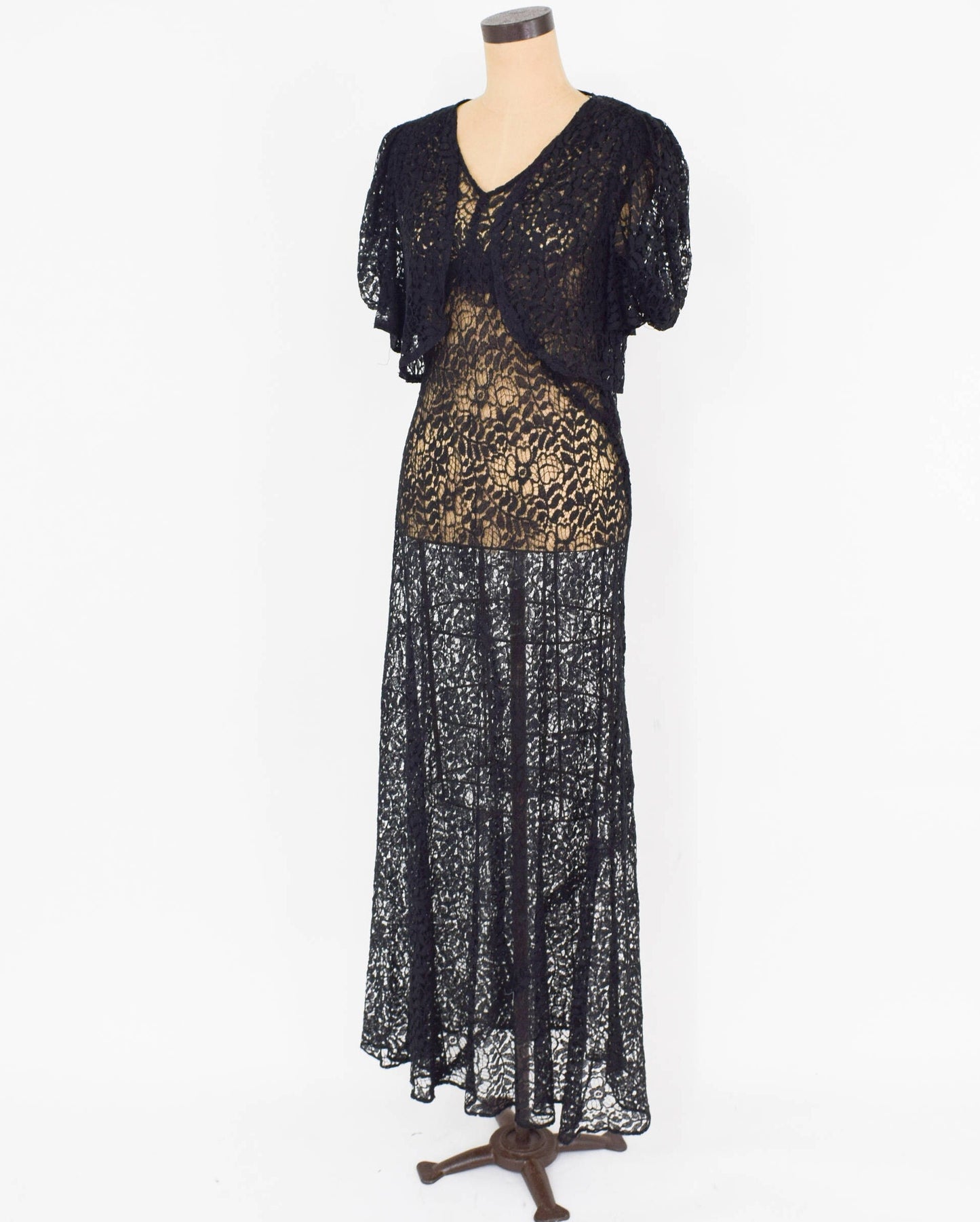 1930s Black Lace Evening Dress & Bolero Jacket Set, Large