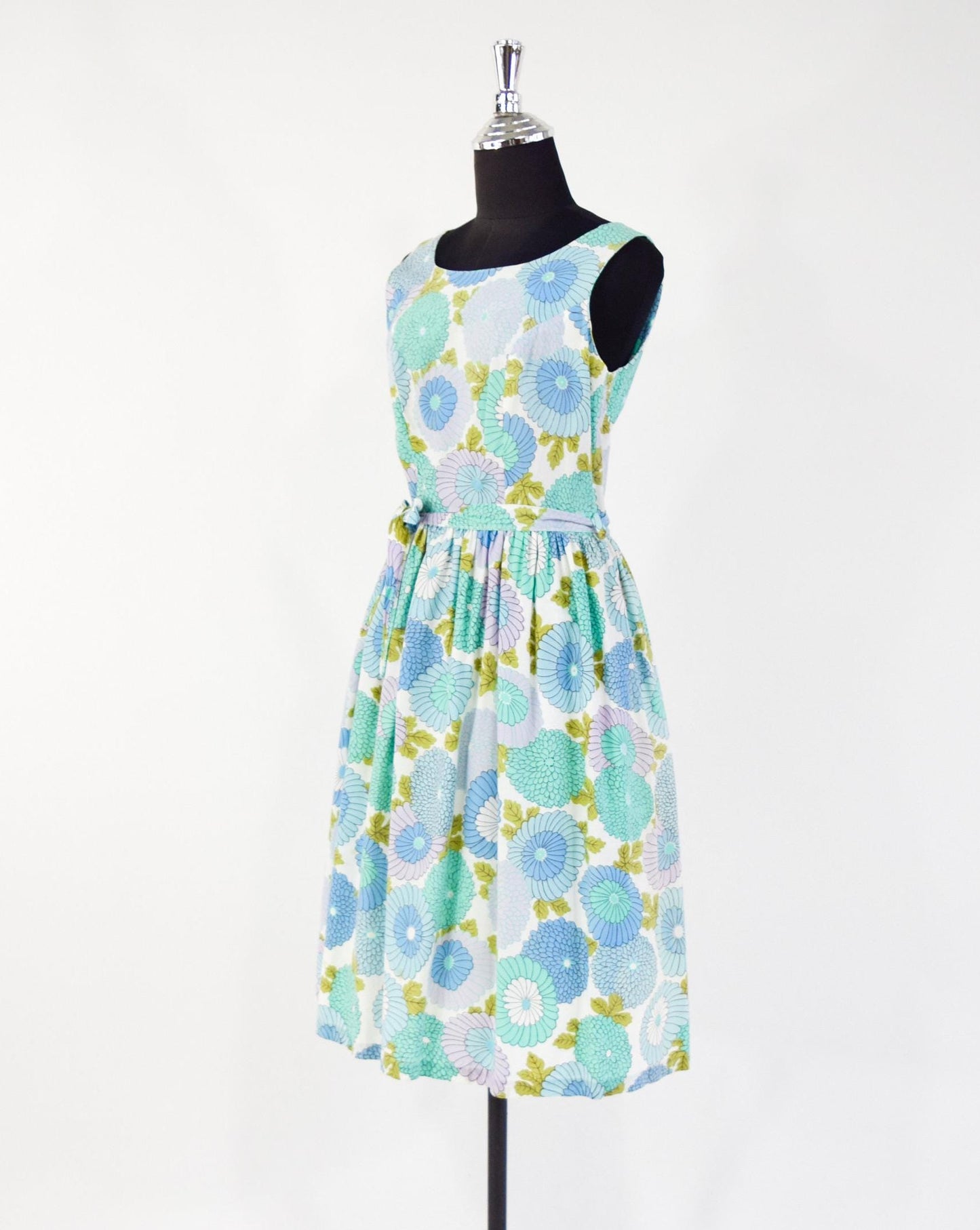 1950s Blue Turquoise Floral Print Cotton Day Dress, Medium