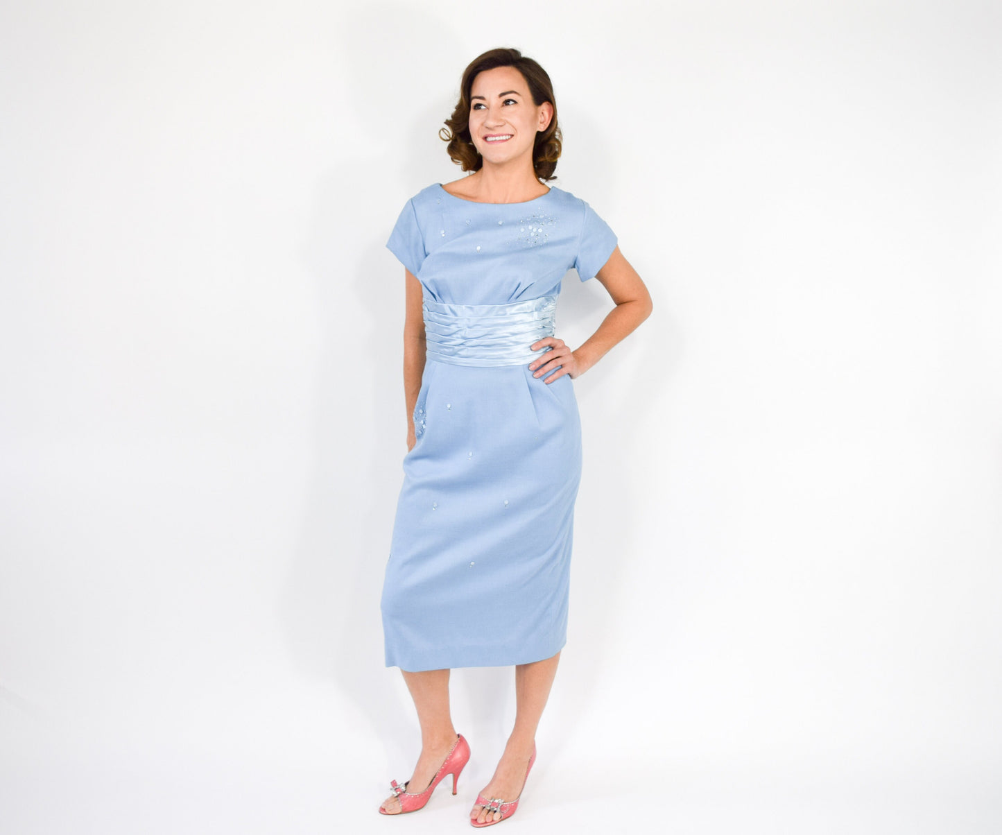 1950s Blue Cotton Sheath Dress with Satin Waist, Small