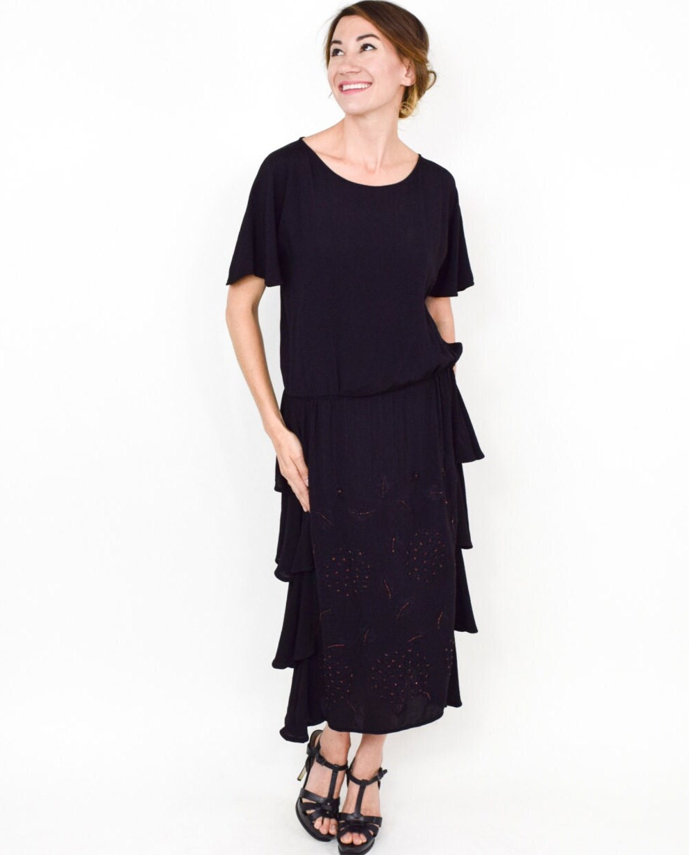 1920s Black Silk Beaded Dress, Embroidered Flapper Gown, Medium