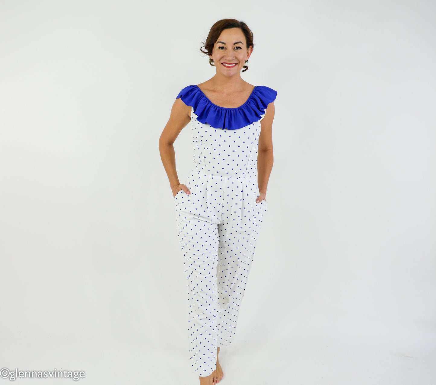 1980s Blue & White Polka Dot Jumpsuit, Small
