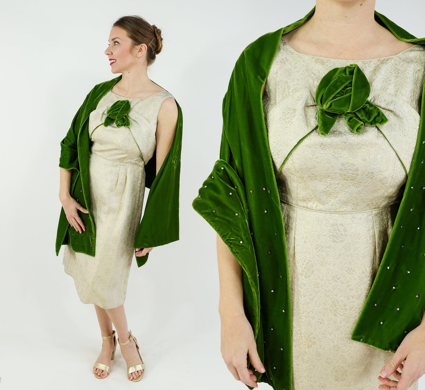 1950s Vintage Brocade Cocktail Dress with Green Velvet Rhinestone Shawl | Medium