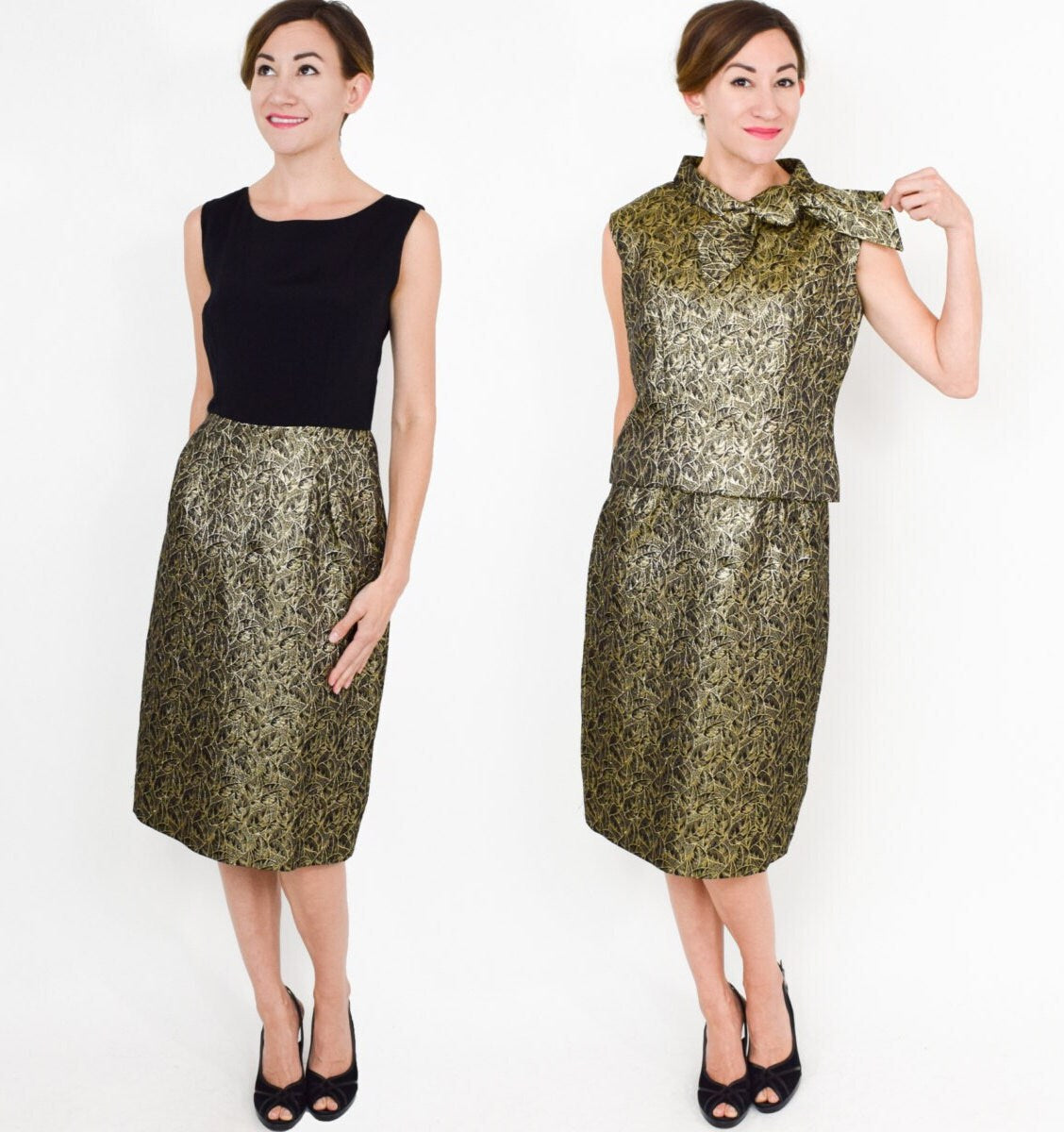 1950s Gold Brocade Dress & Top Set, Metallic Party Ensemble, Medium