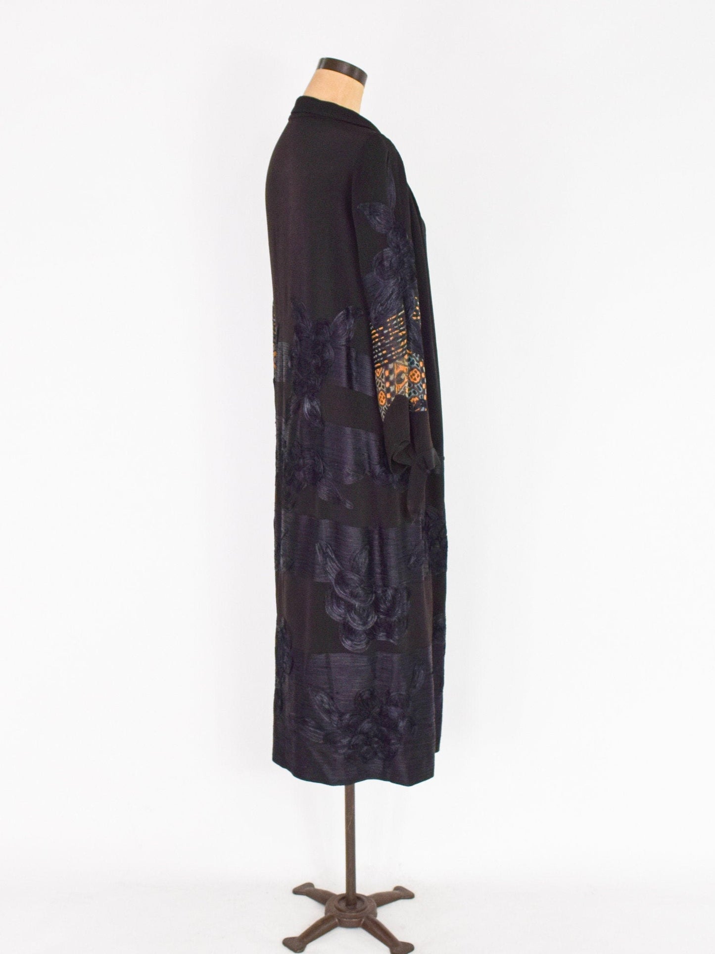 1900s Black Embroidered Crepe Wrap Dress, Downton Abbey Style, Large