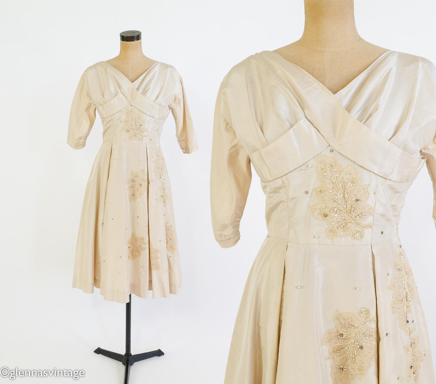 1940s Beige Silk Taffeta Party Dress with Sequins & Pearl, Medium