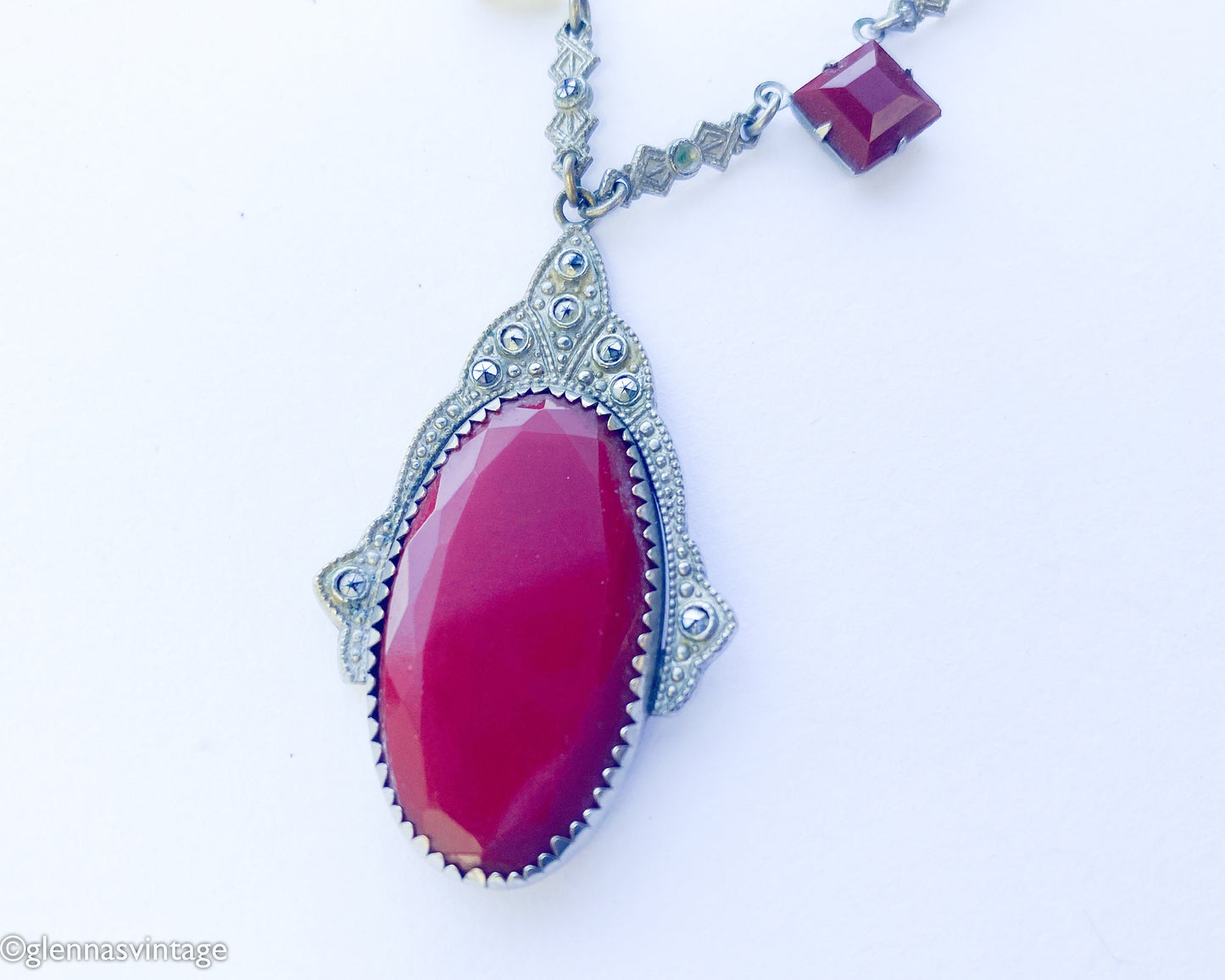 1920s Art Deco Red  Necklace | Red Faceted Glass Pendant