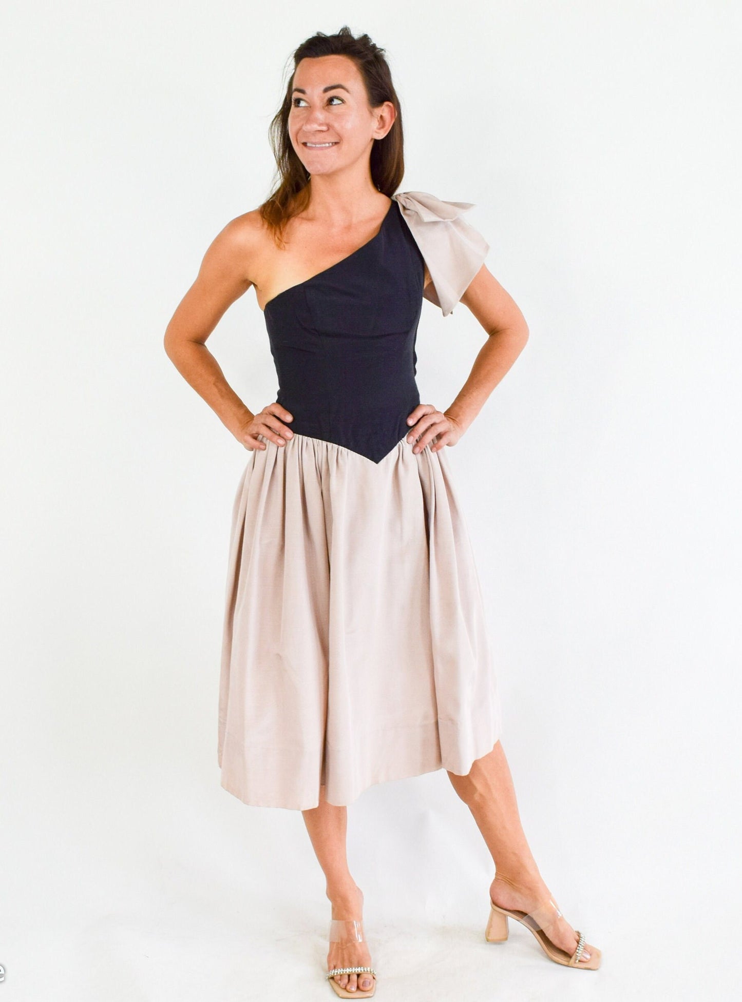 1940s One Shoulder Party Dress, Black & Pink Faille, Extra Small