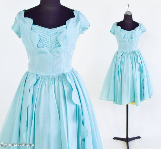1950s Turquoise Blue Taffeta Party Dress, Extra Small