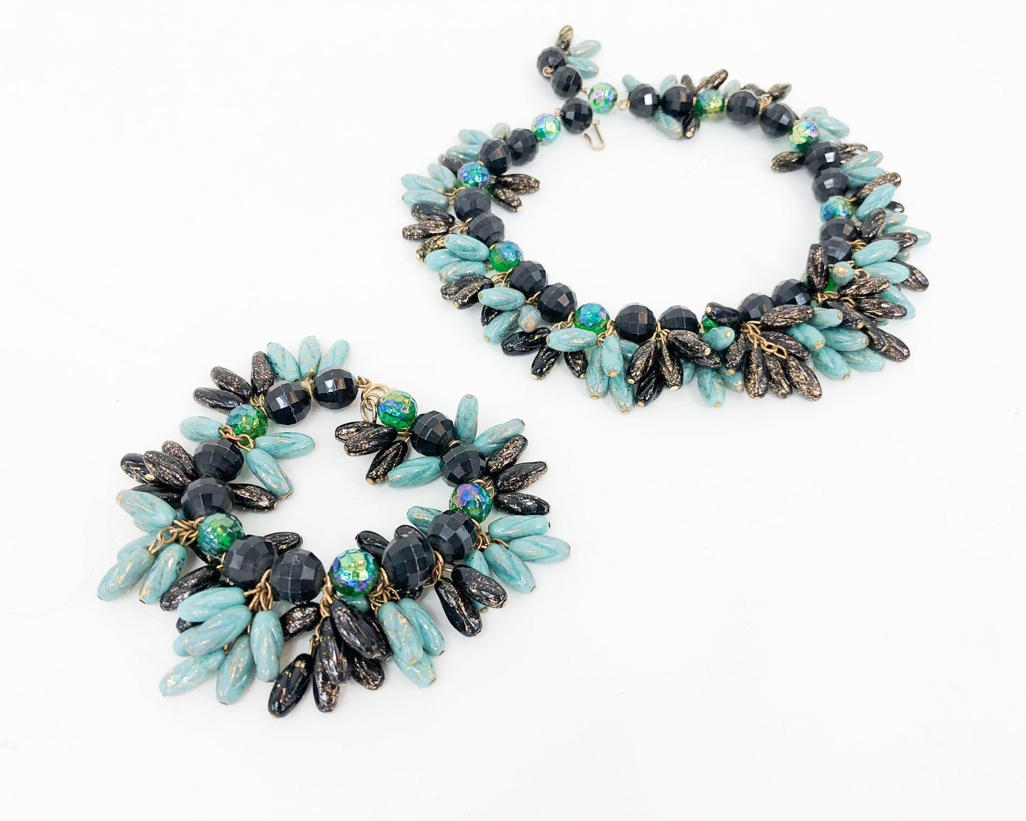 1960s Blue & Black Glass Necklace Set | 60s Turquoise Glass Fringe Bead Choker Set