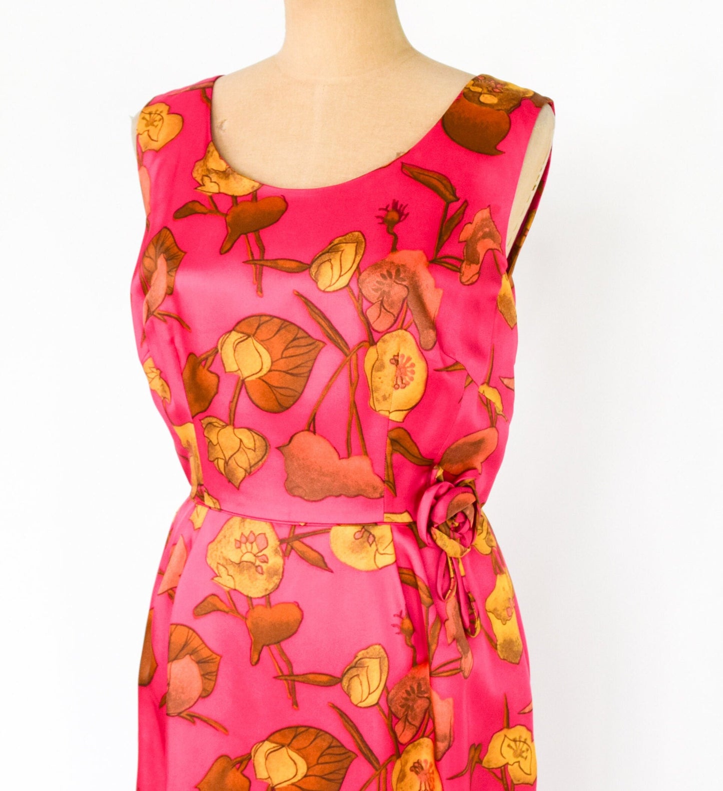 1950s Fuchsia Pink Floral Wiggle Dress, Medium