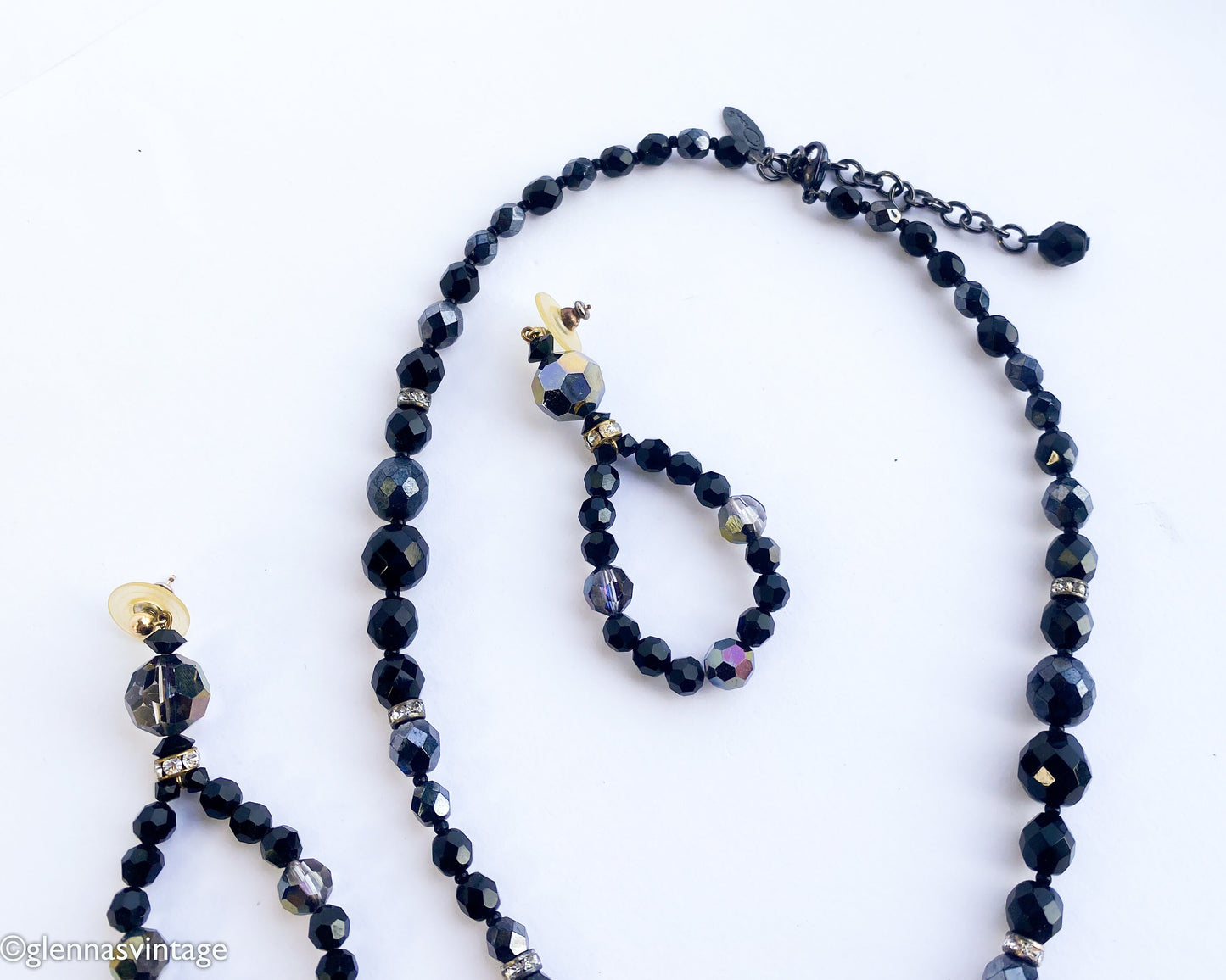 1980s Black Crystal Bead Necklace Set | 80s Black Glass Bead Pendant Earring Set | Black Pendant & Matching Pierced Loop Earrings