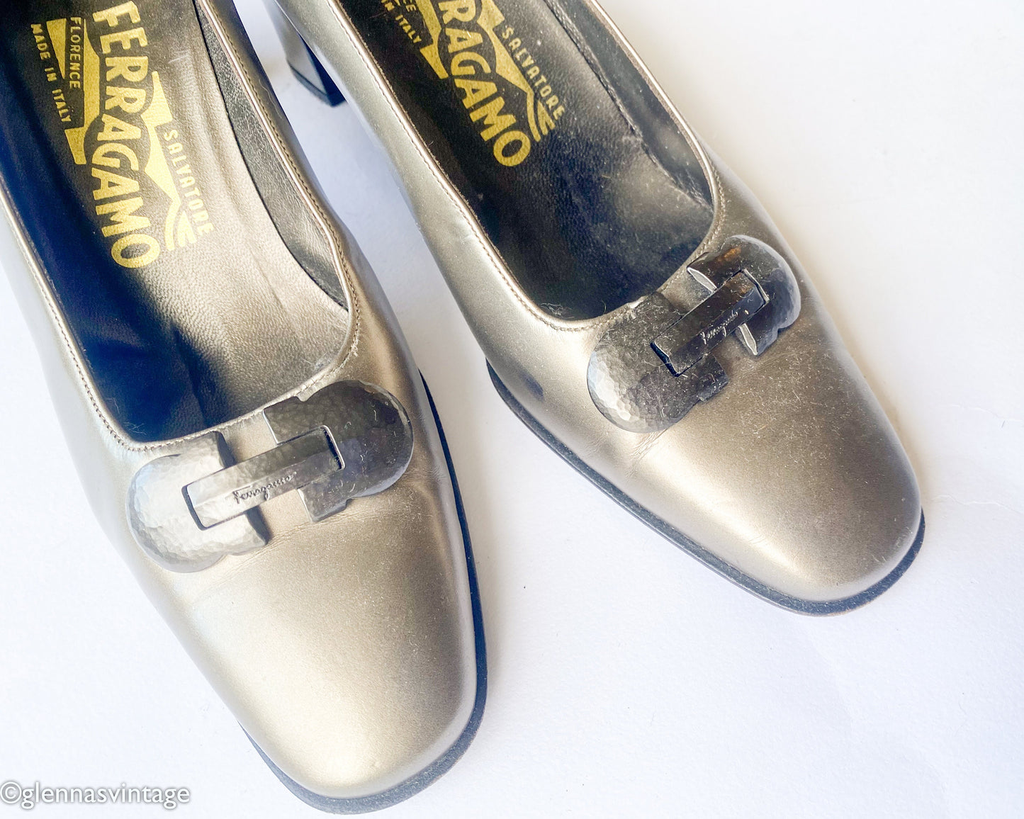 Vintage Ferragamo Pewter Leather Pumps | 1990s Metallic Heels | US 6