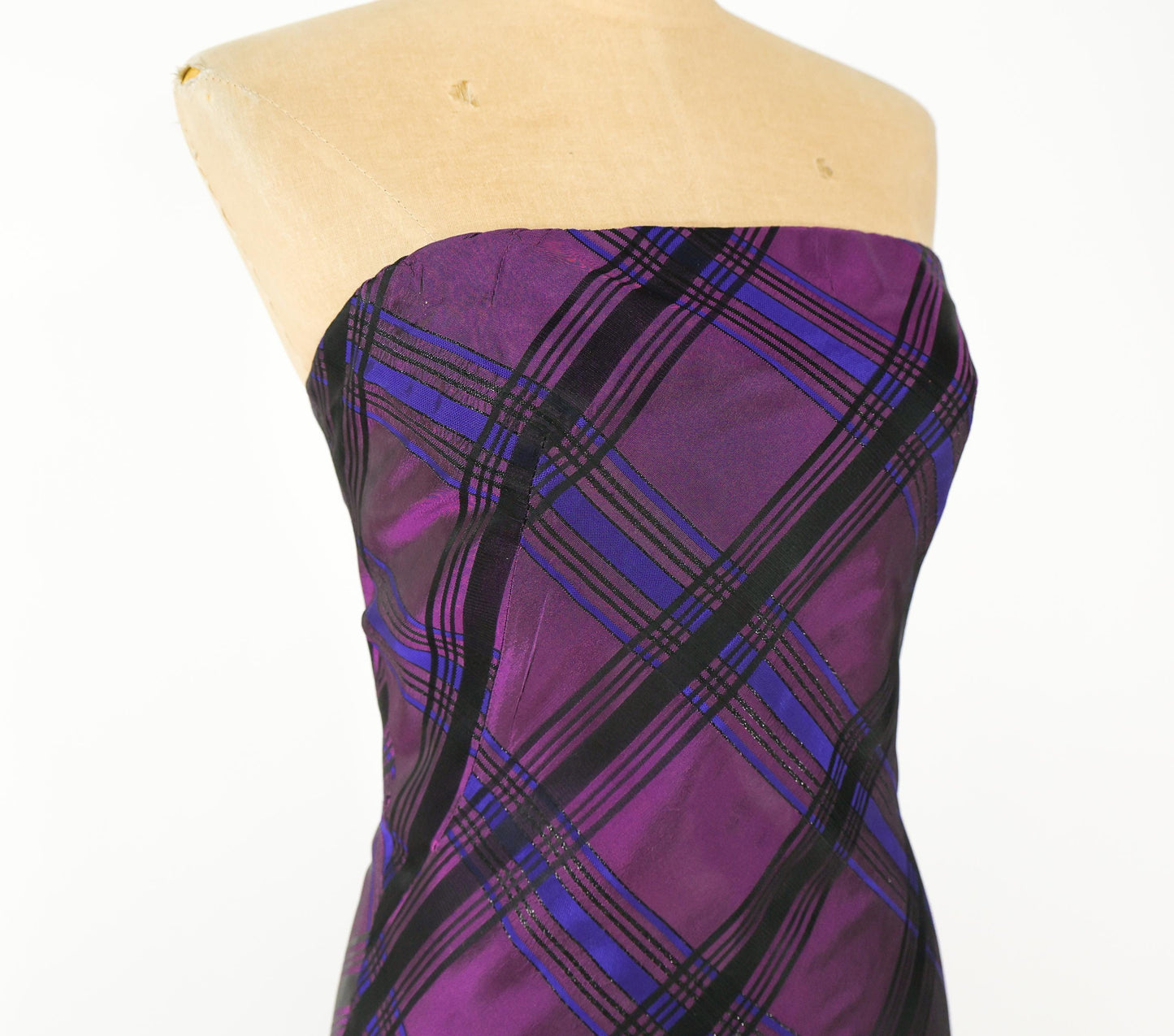 1990s Purple Plaid Taffeta Strapless Dress, Small