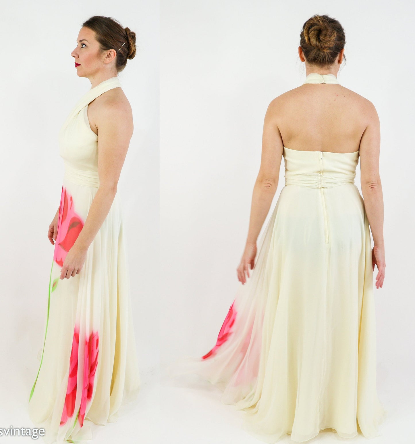 1950s Creme & Pink Silk Floral Evening Dress, Small