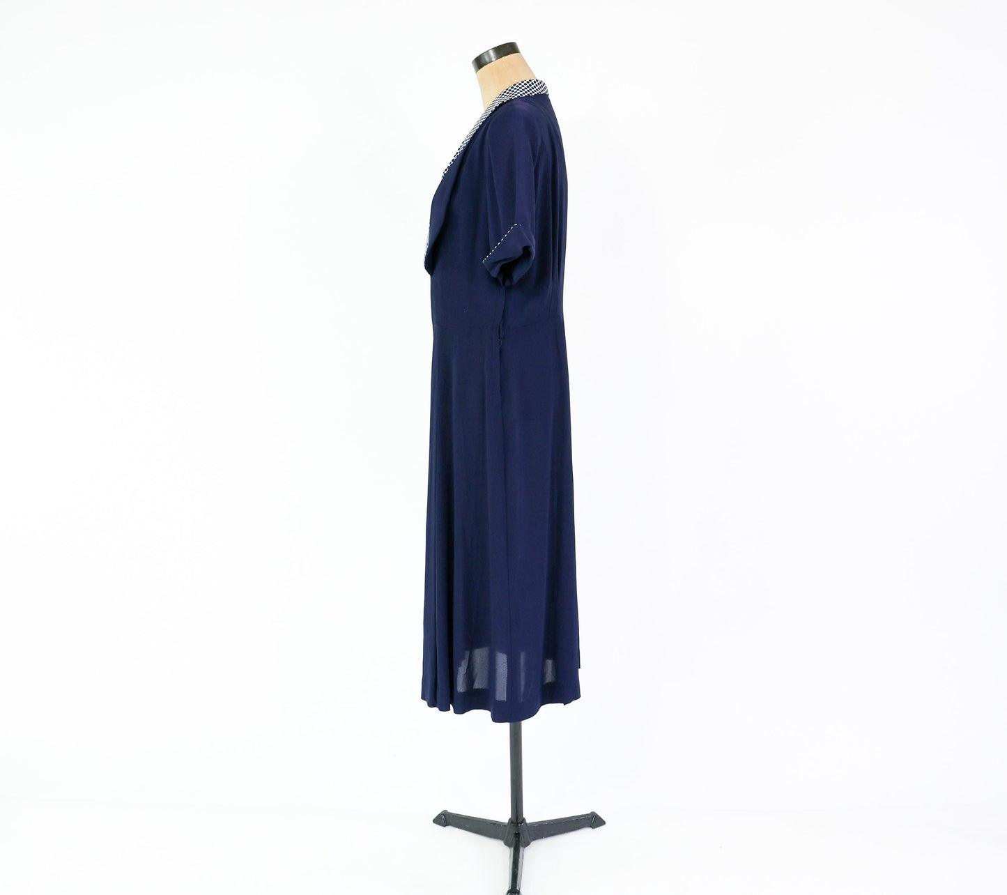 1940s Navy Rayon Crepe Dress with Polka Dot Collar, 36" Waist