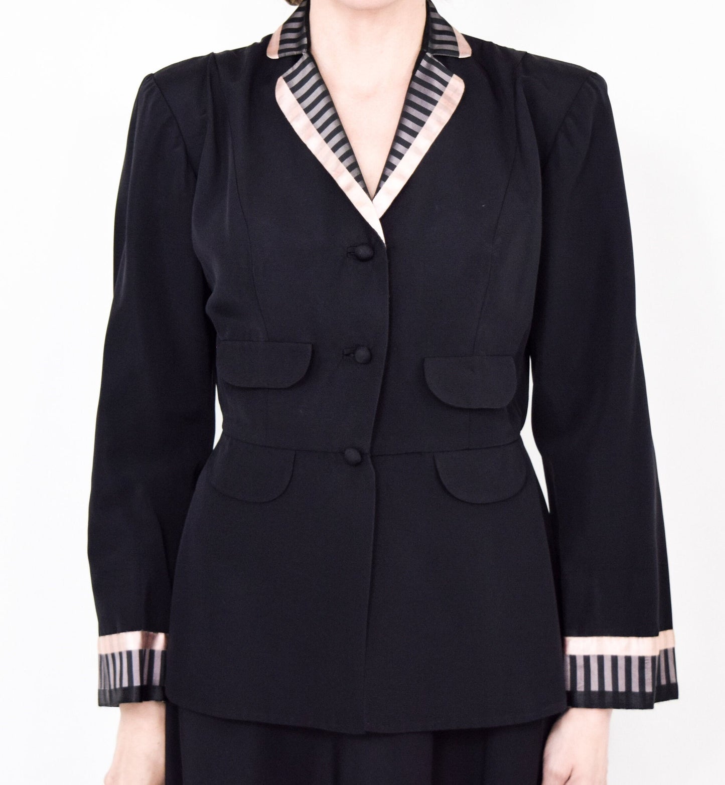 Vintage 1940s Doris Dodson Black Faille Suit | Black Pink Jacket & Skirt, Medium