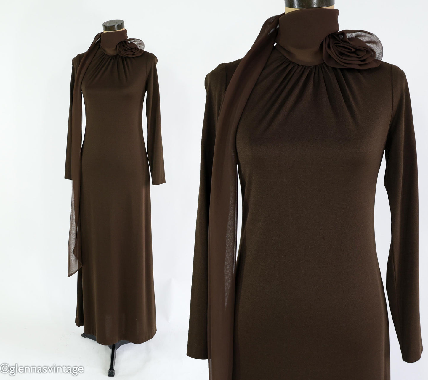 1970s Brown Maxi Dress | Chiffon Collar Evening Gown, Medium