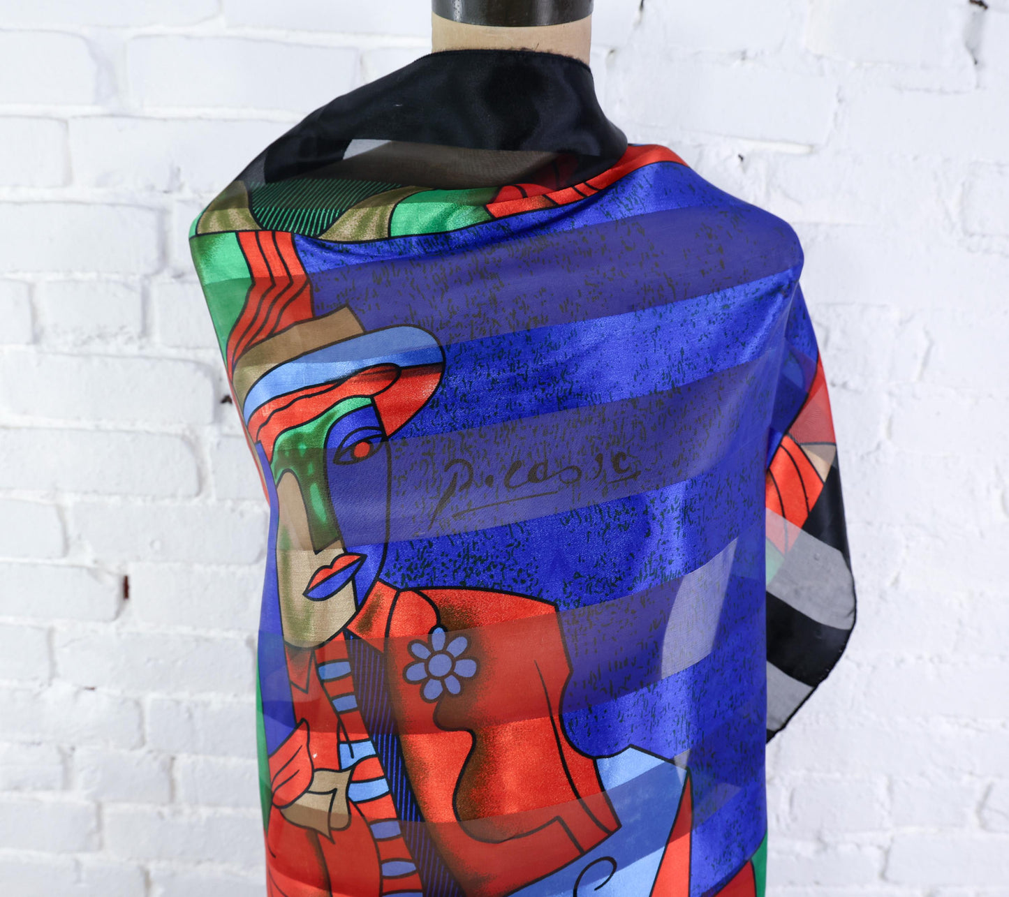 1980s Picasso Black & Blue Abstract Print Scarf