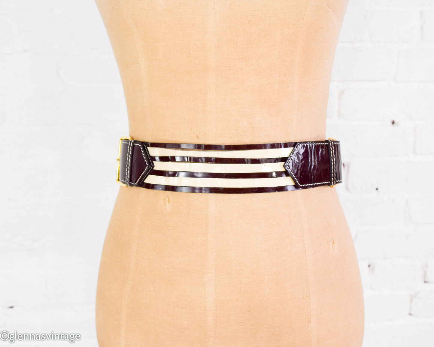 1980s Brown & White Patent Striped Belt | 80s Brown Patent Leather Belt | Escada
