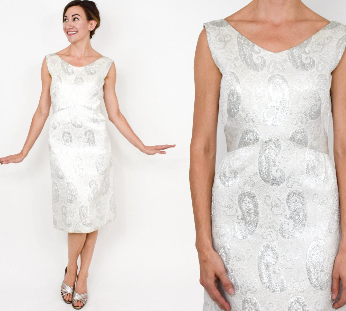 1960s Metallic Silver & White Brocade Dress, Small