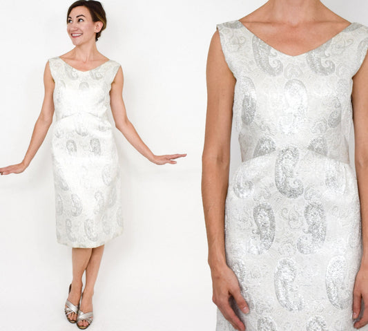 1960s Metallic Silver & White Brocade Dress, Small