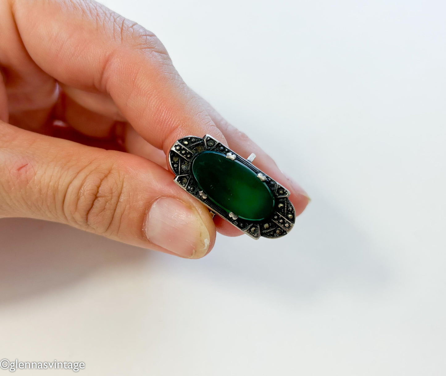 1930s Art Deco Green Onyx Sterling Silver Marcasite Ring, Size 5 3/4