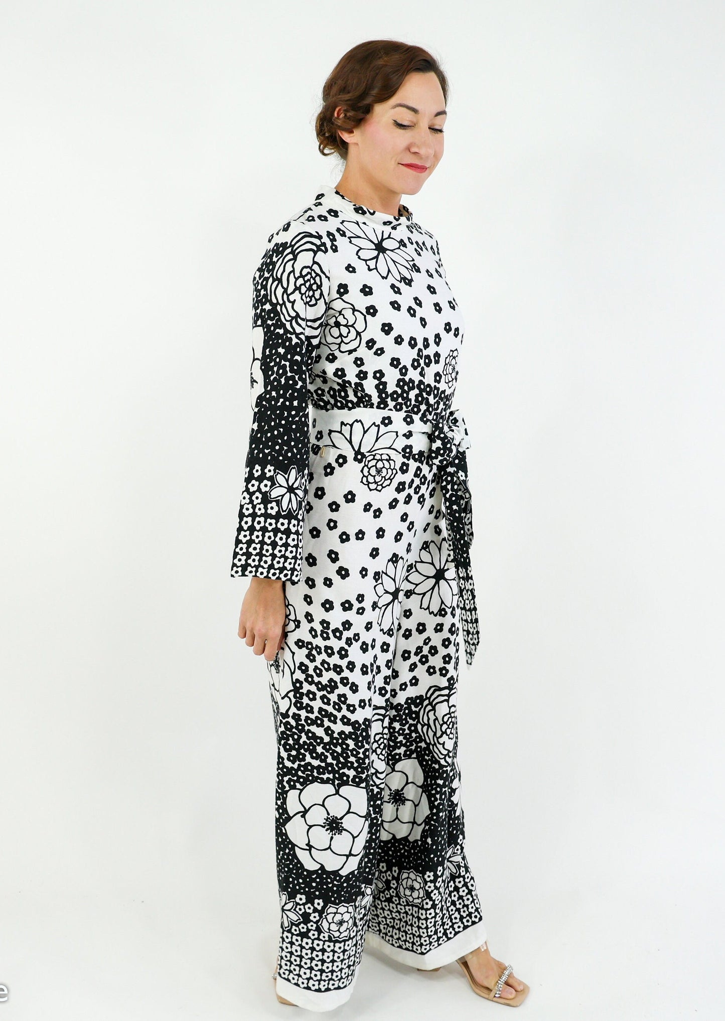 1970s Black & White Floral Print Jumpsuit with Wide Legs, Medium