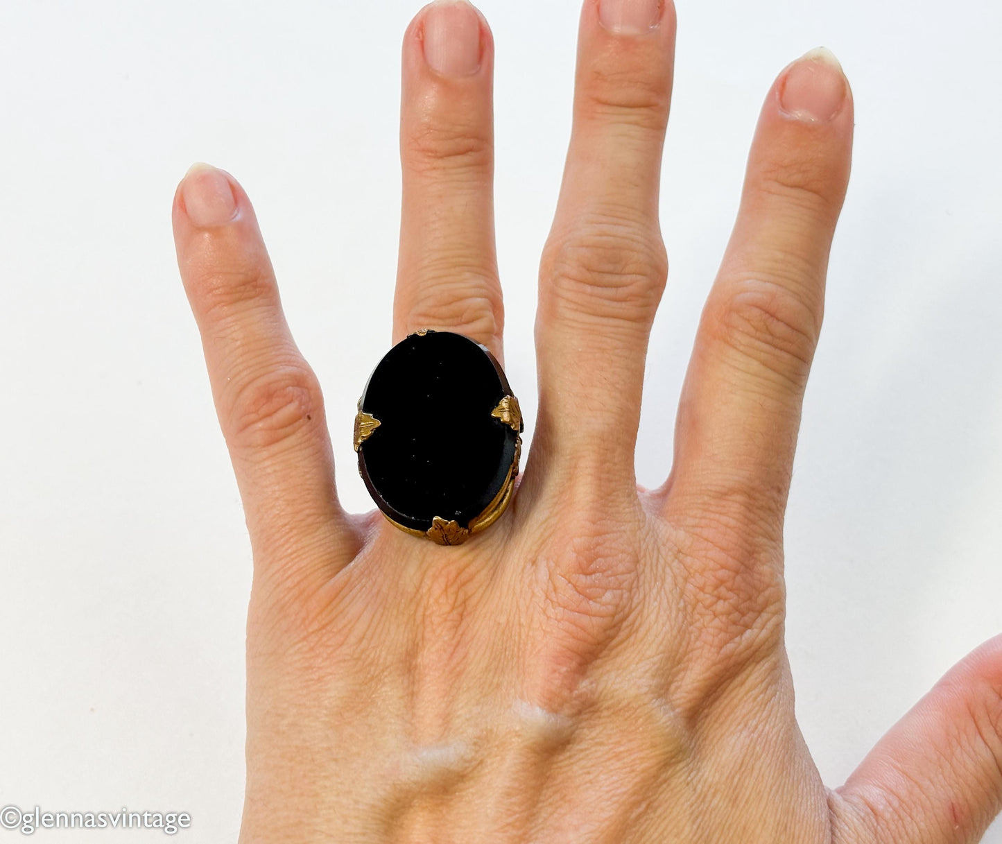 1920s Art Deco Black Glass Ring | Gilt Brass Leaves, Size 5.75