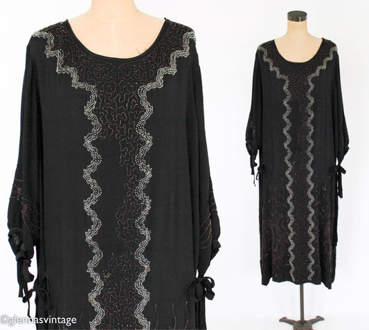 1920s Plus Size Beaded Black Silk Dress, Extra Large