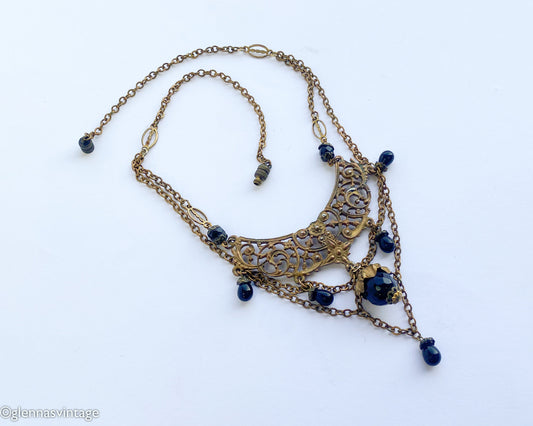 1940s Filigree Brass Necklace with Black Glass Pendant