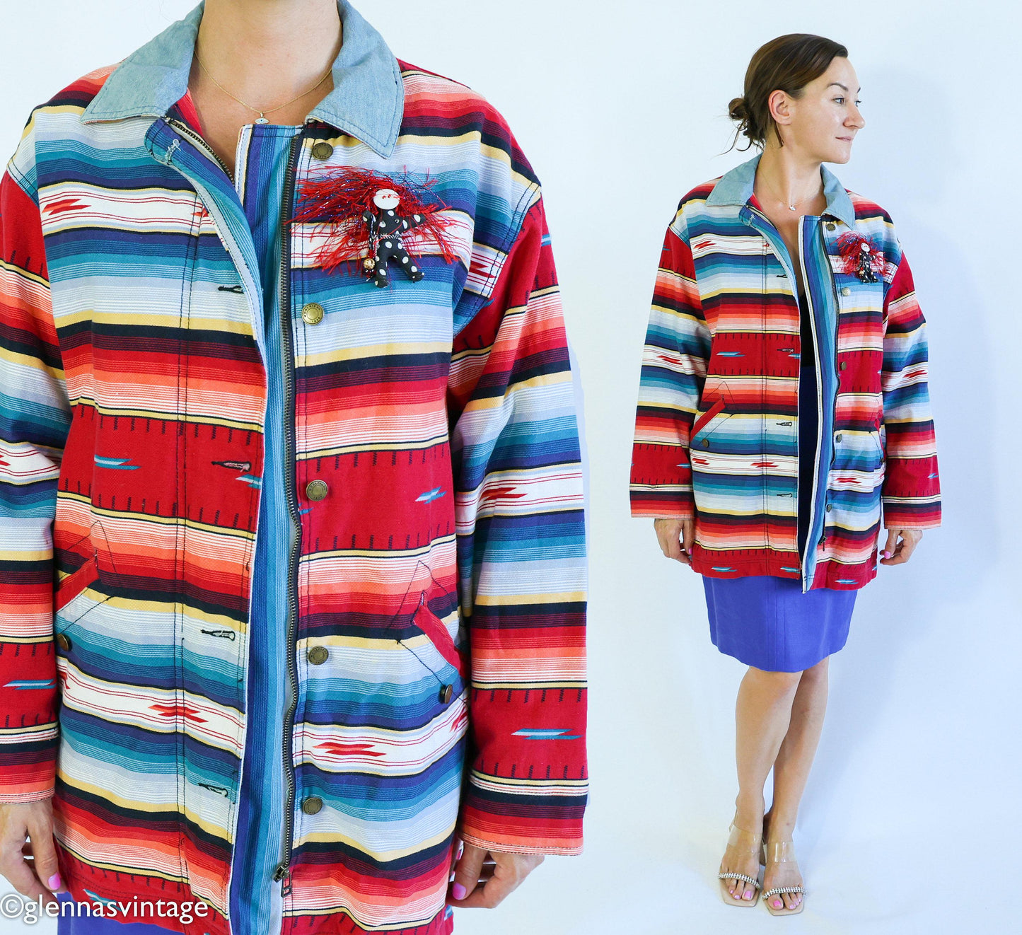 1980s Red Blue Striped Coat| 80s Western Jacket | Woolrich | Large