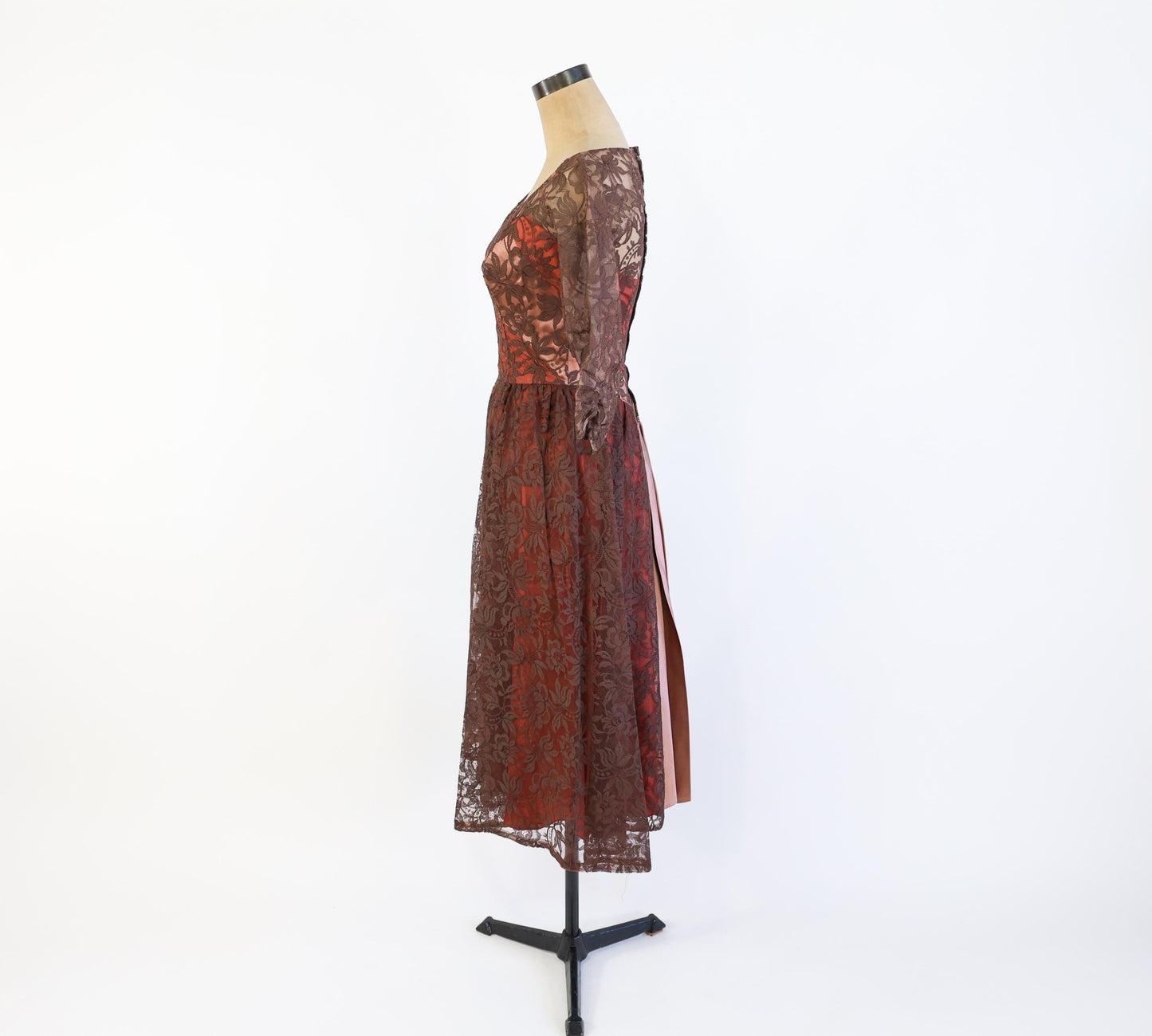 1950s Brown & Pink Lace Party Dress, Small