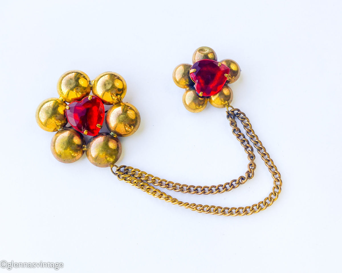 1940s Red Brass Flower Pin Set, Sweater Guard