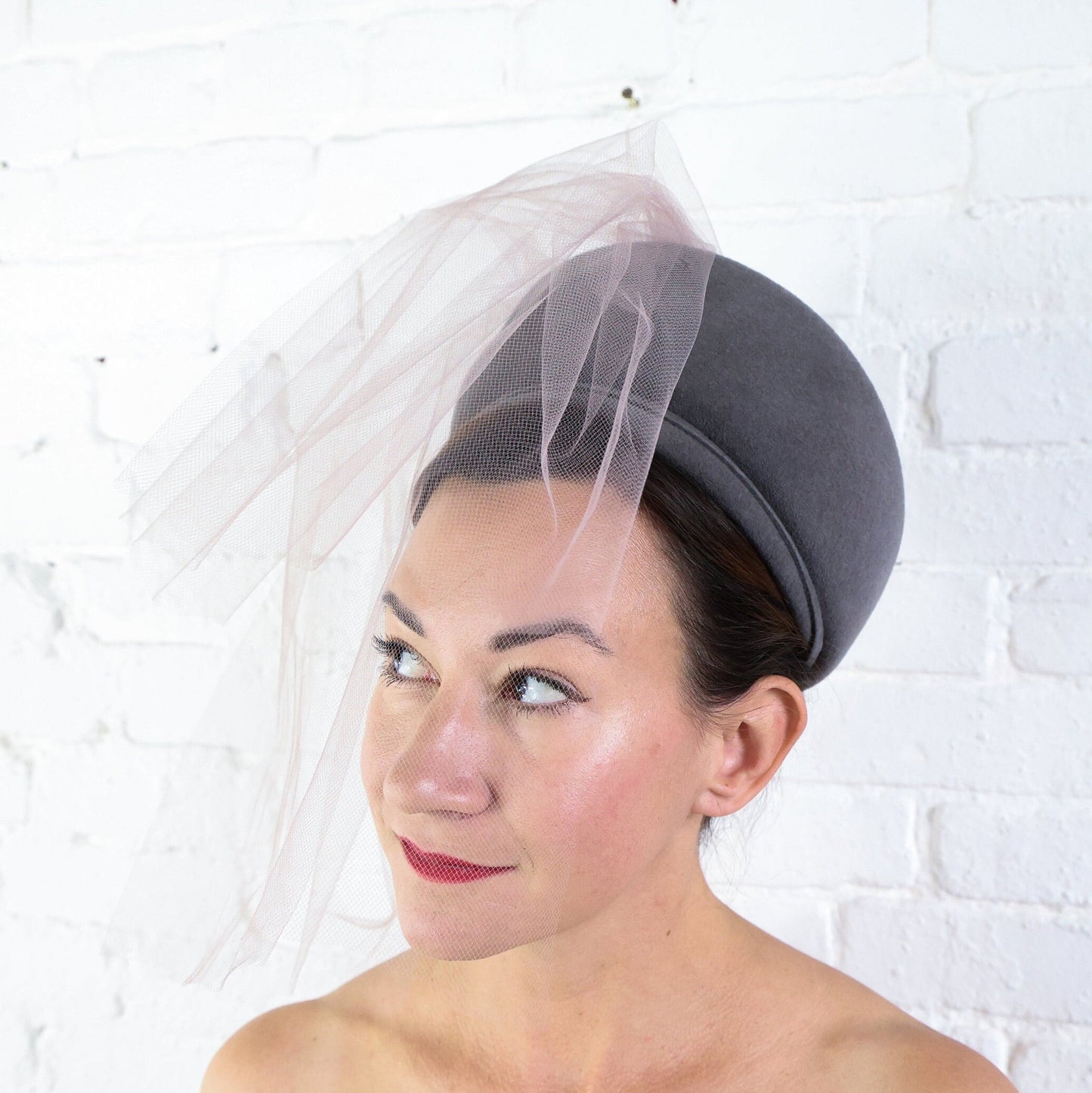 1960s Gray Wool Hat with Lavender Tulle Veil