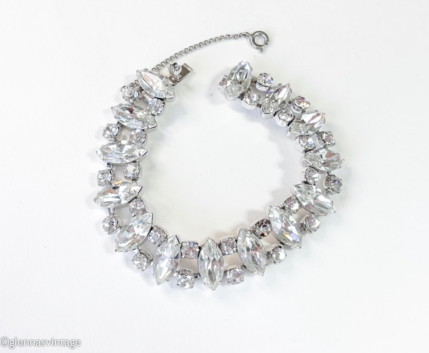 1960s Rhinestone & Silver Bracelet with Navette Crystals