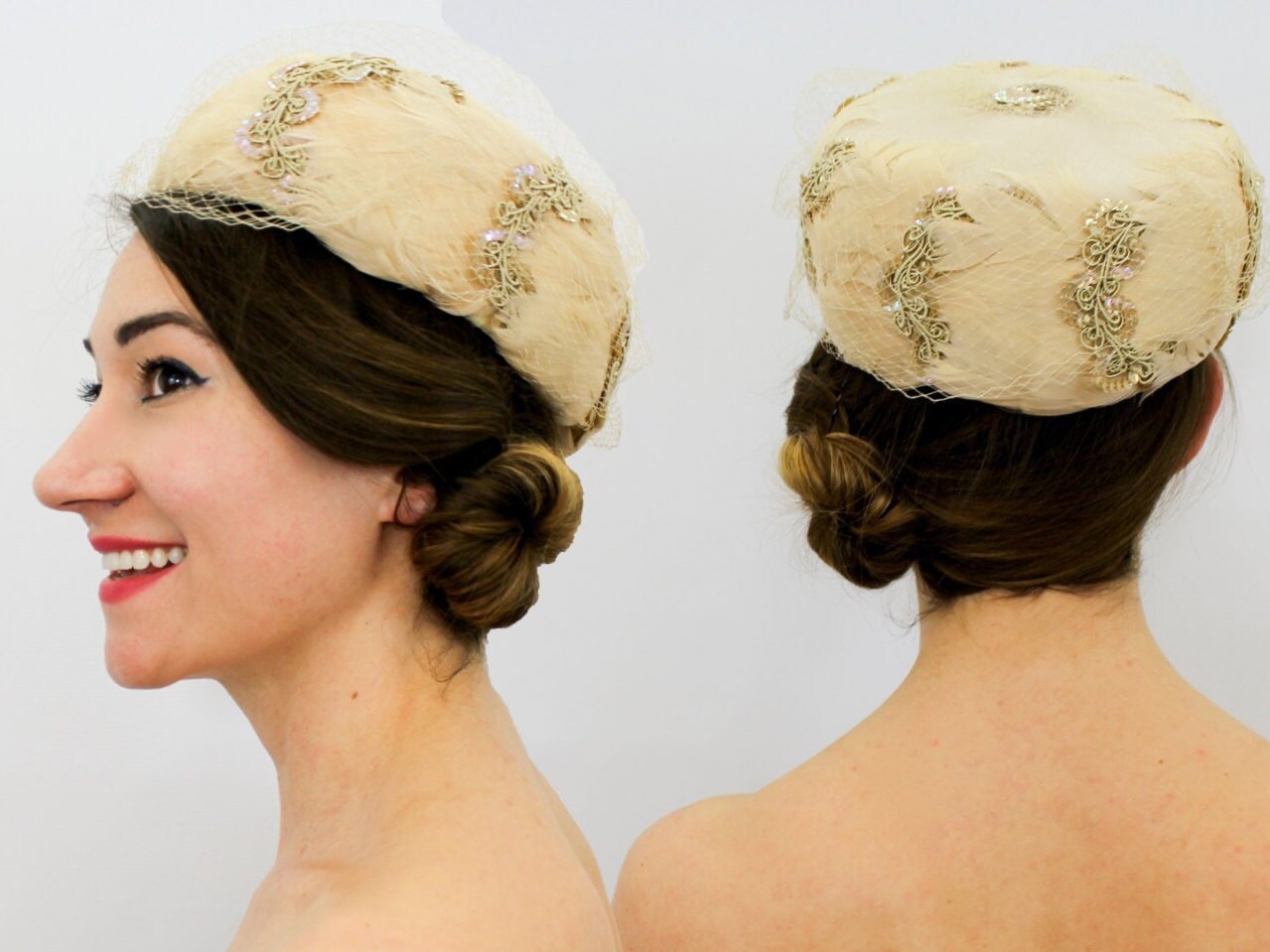 1960s Blush Ivory Feather Pillbox Hat