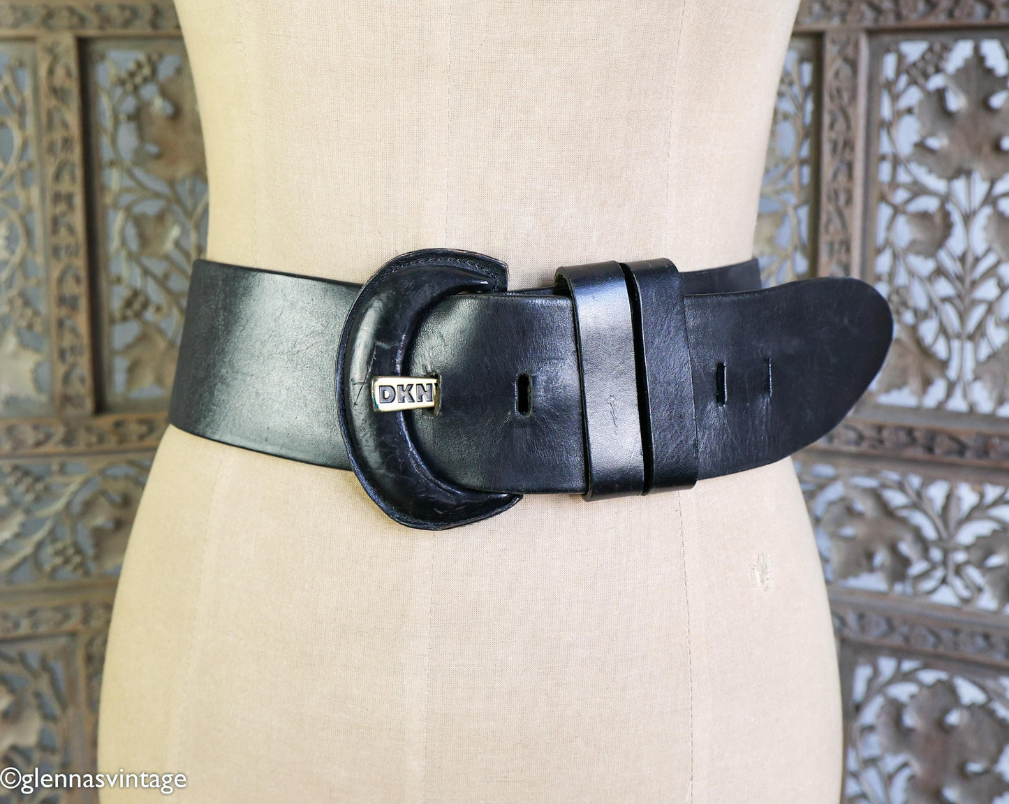 1980s Black Wide Leather Belt, DKNY, Medium