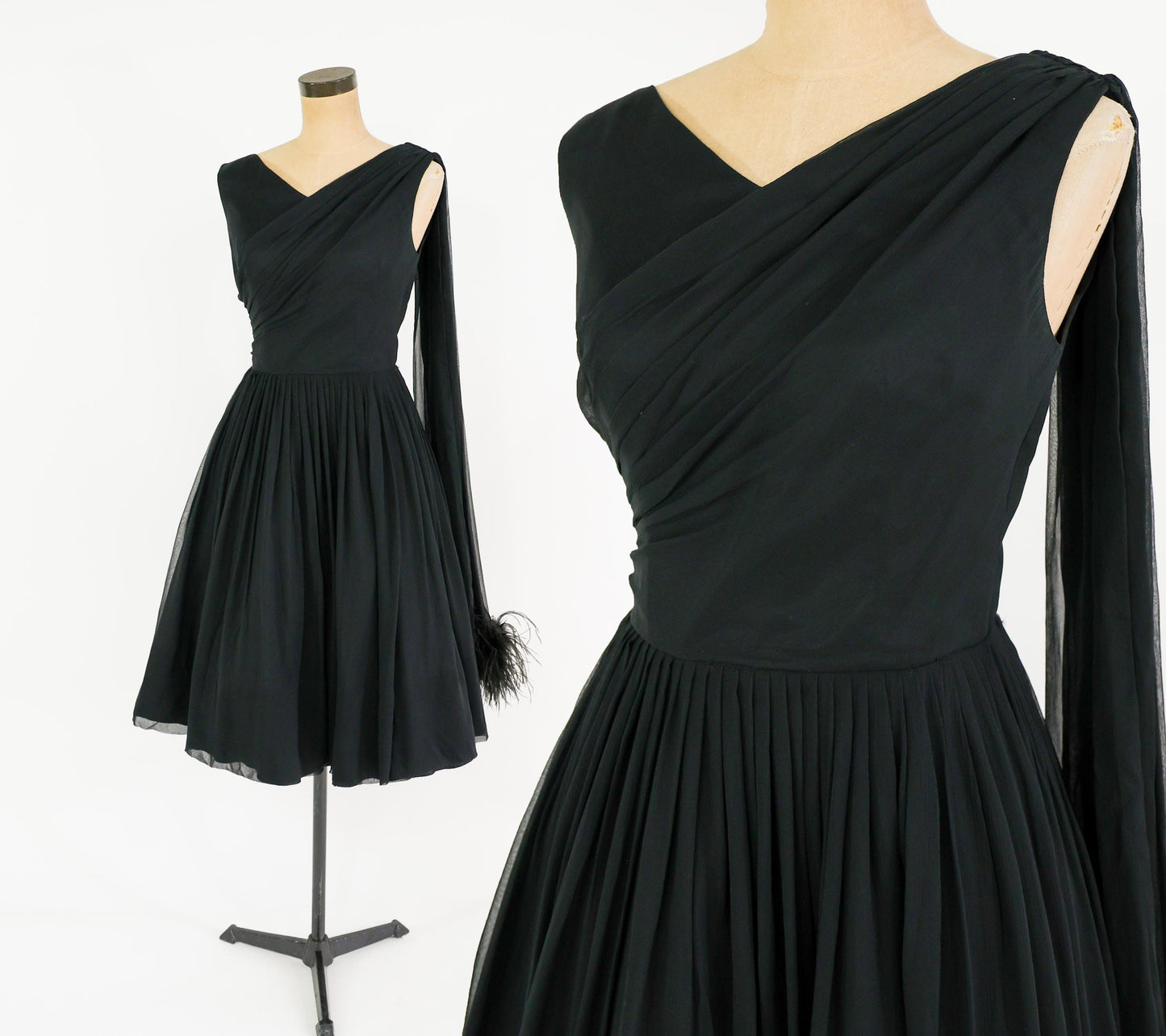 1950s Feather Sash Black Silk Cocktail Gown, Small