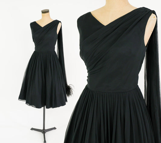 1950s Feather Sash Black Silk Cocktail Gown, Small