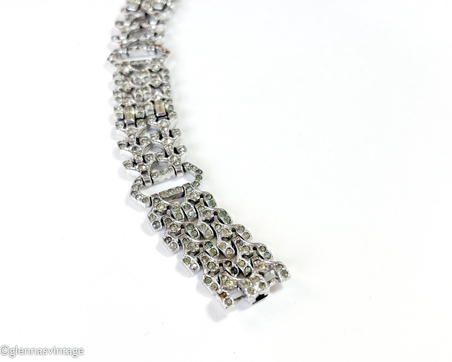 1930s Art Deco Rhinestone Bracelet, Geometric Silver Link Bracelet