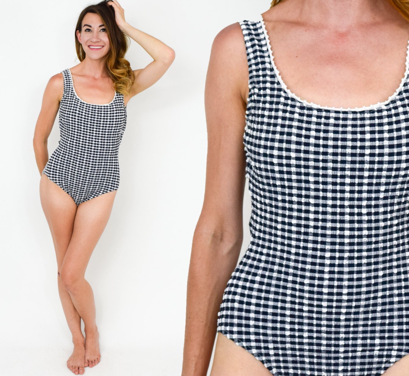 1980s Gingham One Piece Swimsuit | 80s Black and White Bathing Suit | Small