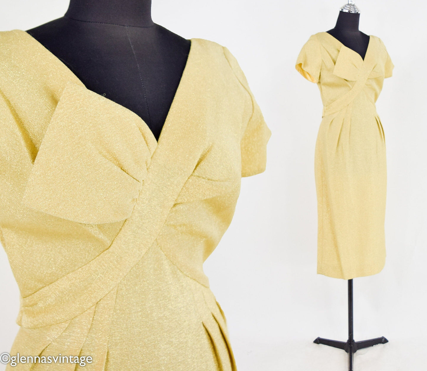 1950s Gold Lamé Cocktail Dress | Vintage Sheath, V-Neck