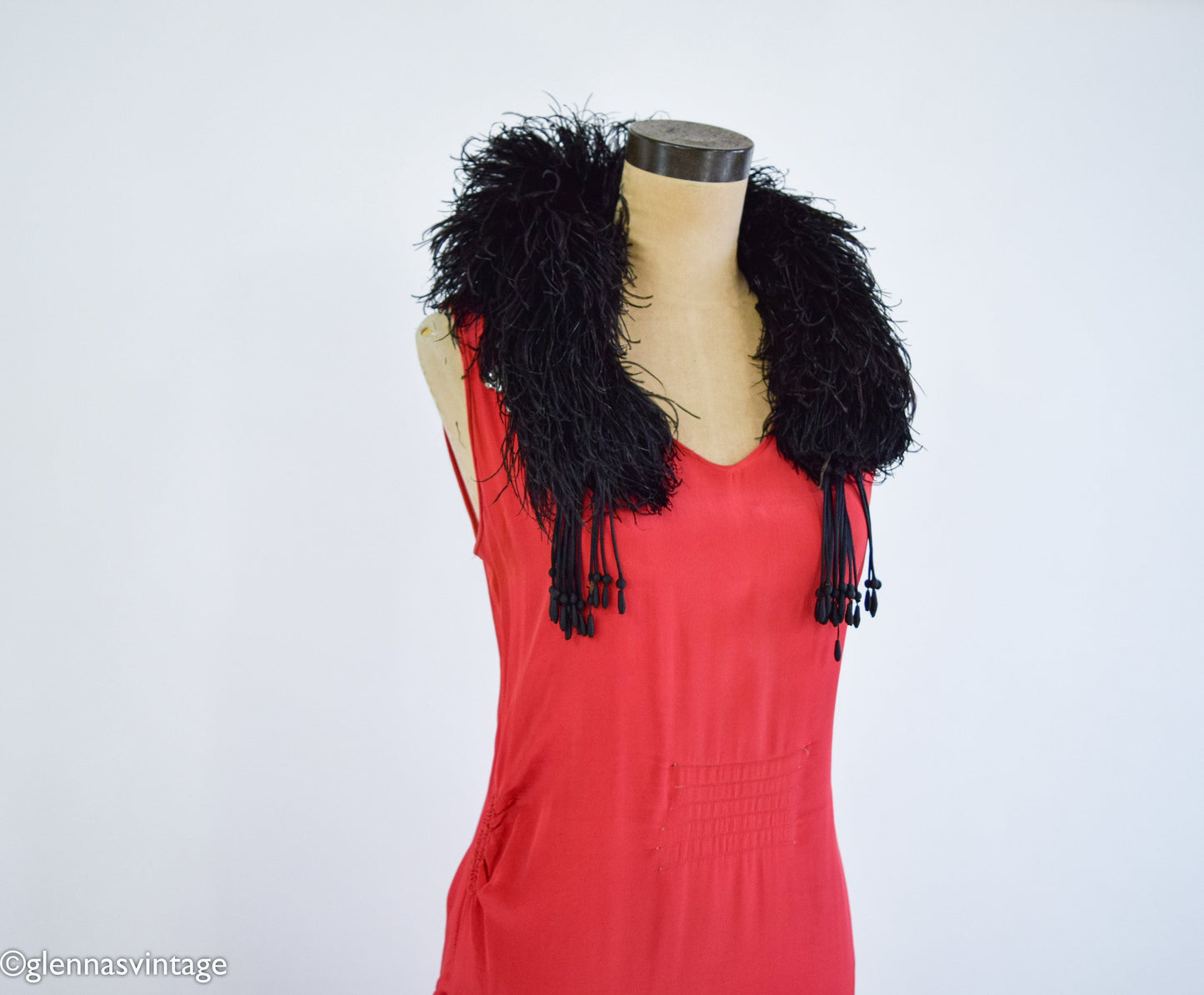 1900s Black Ostrich Feather Stole Boa with Beaded Tassels, Edwardian Era Scarf